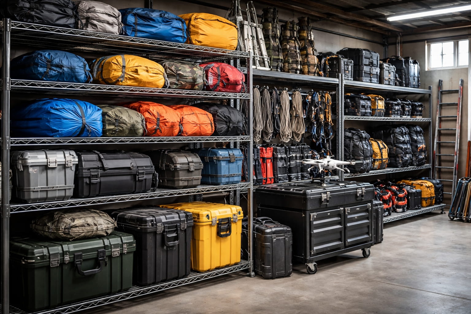 professional outdoor equipment storage warehouse with organized shelves, drones, parachutes, backpacks and protective cases in industrial environment.jpg