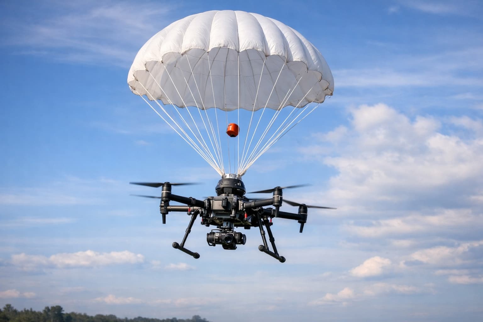 Drone recovery parachute system deploying from UAV during emergency flight failure Drone recovery parachute system deploying from UAV during emergency flight failure