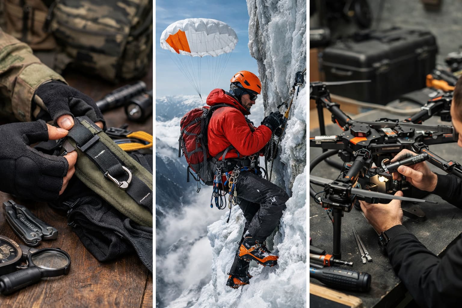Hands inspecting outdoor harness and tactical gear components on wooden table.jpg