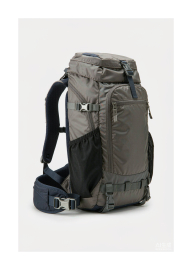 A durable hiking daypack with a ventilated mesh back panel, padded hip belt, top lid, side water-bottle pockets and gear loops, shown on a clean white background. A durable hiking daypack with a ventilated mesh back panel, padded hip belt, top lid, side water-bottle pockets and gear loops, shown on a clean white background.
