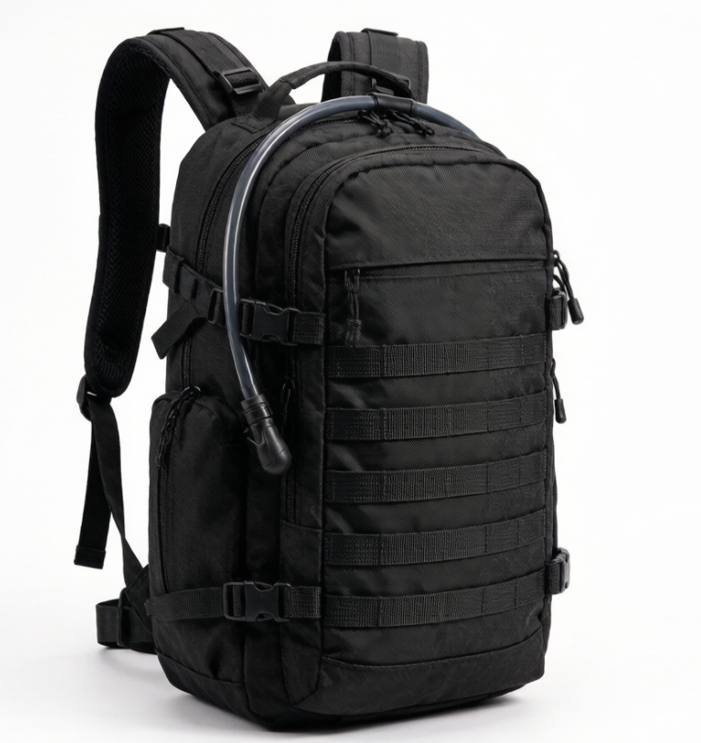 A tactical rush-style backpack standing upright on a white background with MOLLE webbing, admin pocket, hydration tube, compression straps, padded shoulder straps, and reinforced base. A tactical rush-style backpack standing upright on a white background with MOLLE webbing, admin pocket, hydration tube, compression straps, padded shoulder straps, and reinforced base.