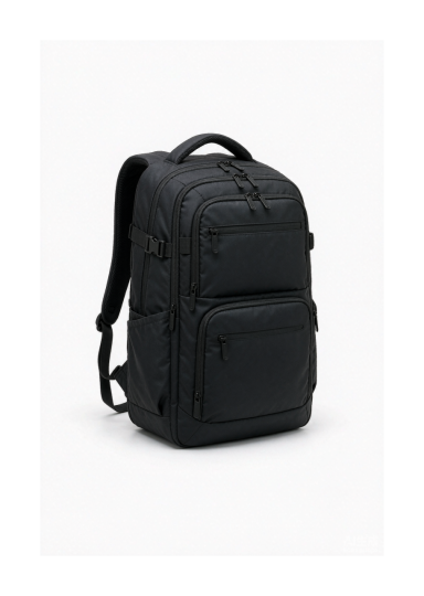 A sleek laptop travel backpack with a padded laptop compartment, organized pockets, top handle and a roller-bag sleeve, shown on a clean white background. A sleek laptop travel backpack with a padded laptop compartment, organized pockets, top handle and a roller-bag sleeve, shown on a clean white background.