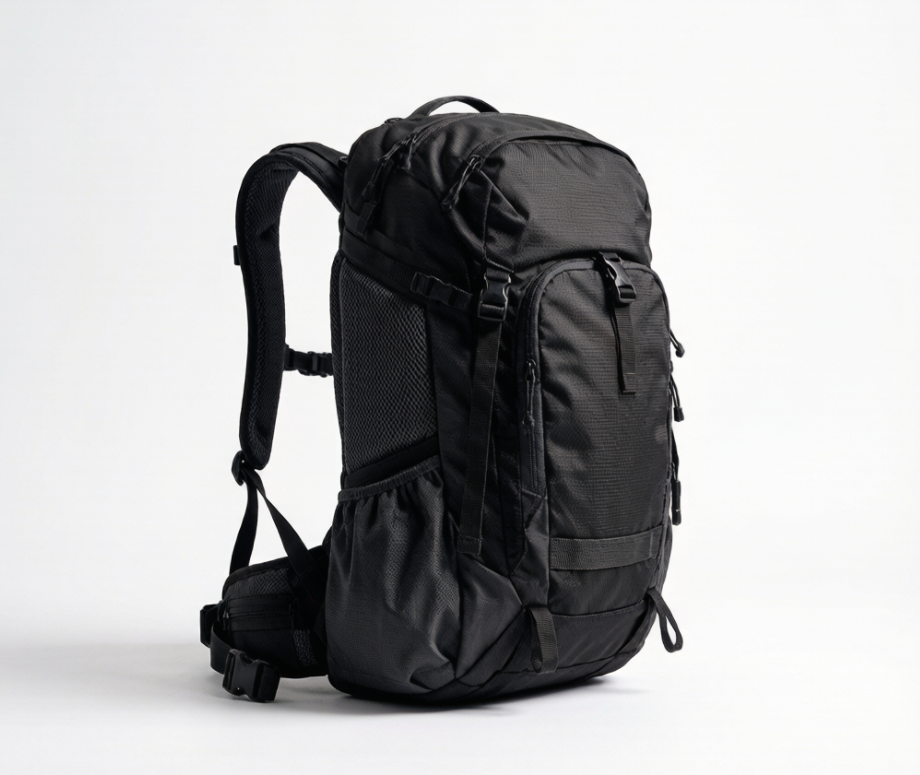A tactical hiking backpack standing upright on a white background with generous margins, featuring padded hip belt, ventilated back panel, curved shoulder straps, dual hydration ports, top lid pocket, and side water bottle pockets A tactical hiking backpack standing upright on a white background with generous margins, featuring padded hip belt, ventilated back panel, curved shoulder straps, dual hydration ports, top lid pocket, and side water bottle pockets