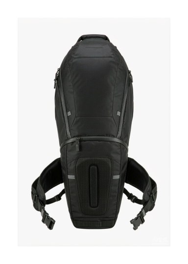 An aerodynamic motorcycle backpack with a waterproof closure, reflective accents, a ventilated padded back panel and chest straps, shown on a clean white background. An aerodynamic motorcycle backpack with a waterproof closure, reflective accents, a ventilated padded back panel and chest straps, shown on a clean white background.