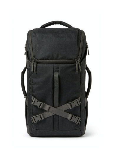 A carry-on travel backpack with a clamshell suitcase-style opening, compression straps, side handles and a luggage pass-through panel, shown on a clean white background. A carry-on travel backpack with a clamshell suitcase-style opening, compression straps, side handles and a luggage pass-through panel, shown on a clean white background.