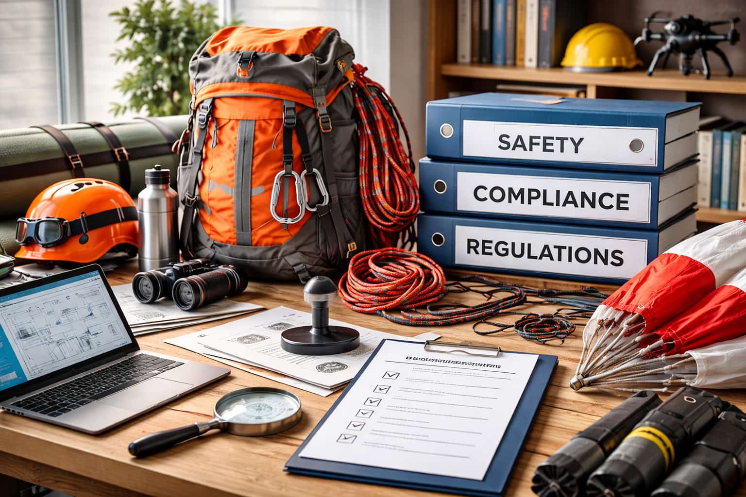 Outdoor gear setup with testing equipment and organized safety materials