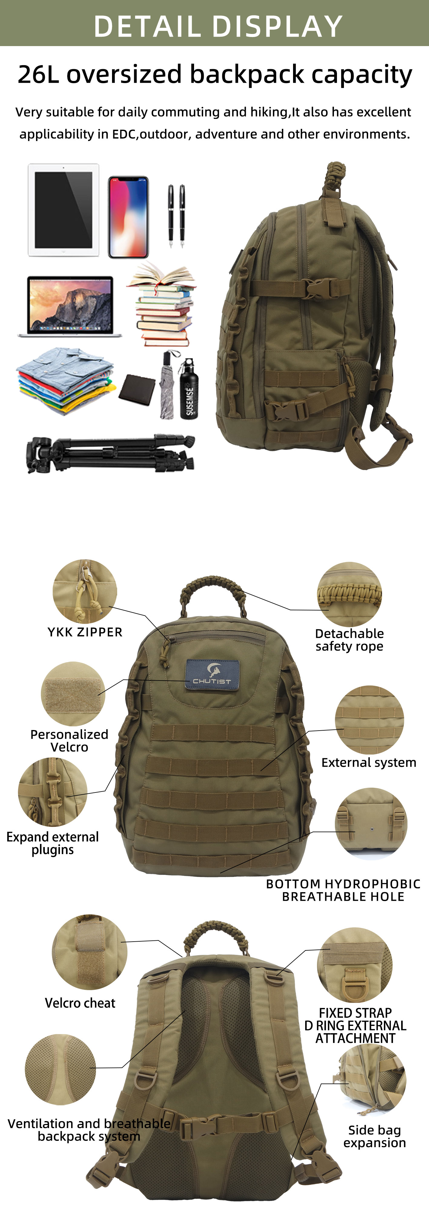 tactical backpack with external attachment system EDC backpack