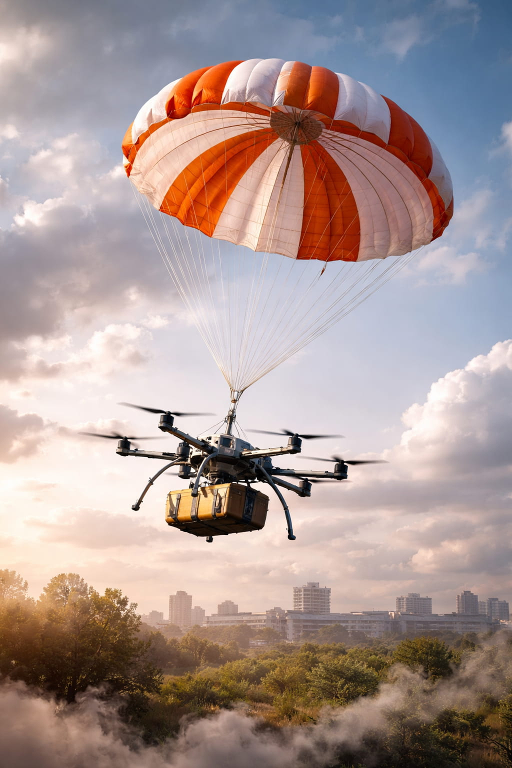 industrial UAV with cargo using parachute recovery system in flight