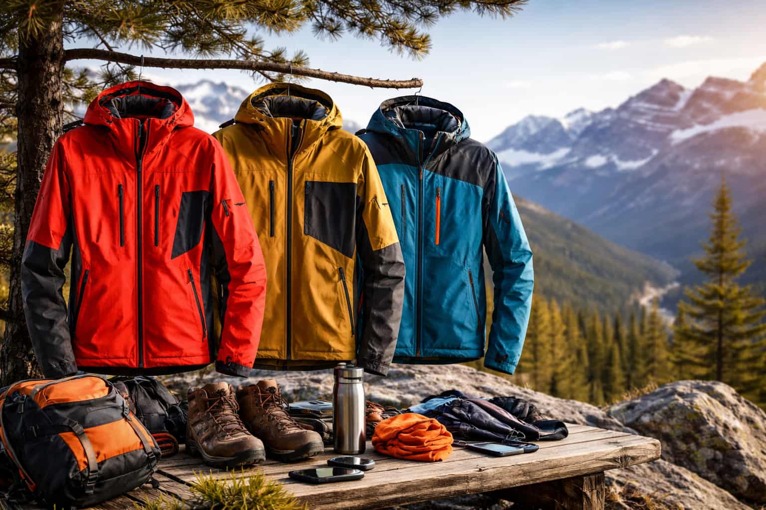 outdoor jackets and gear displayed in mountain environment with backpacks boots and equipment for performance and material comparison.jpg
