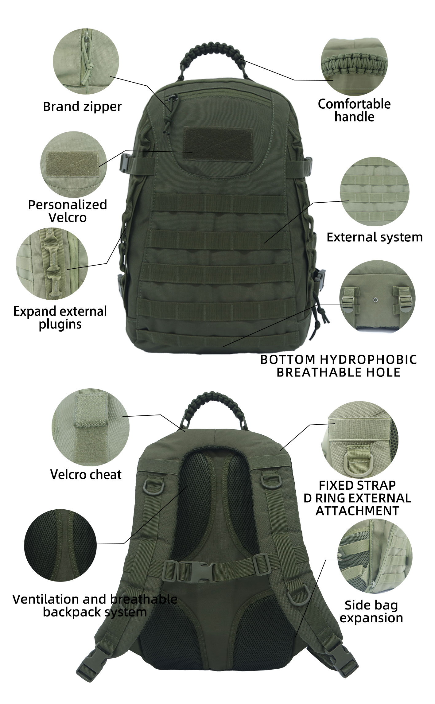 tactical military backpack with MOLLE system for outdoor hiking