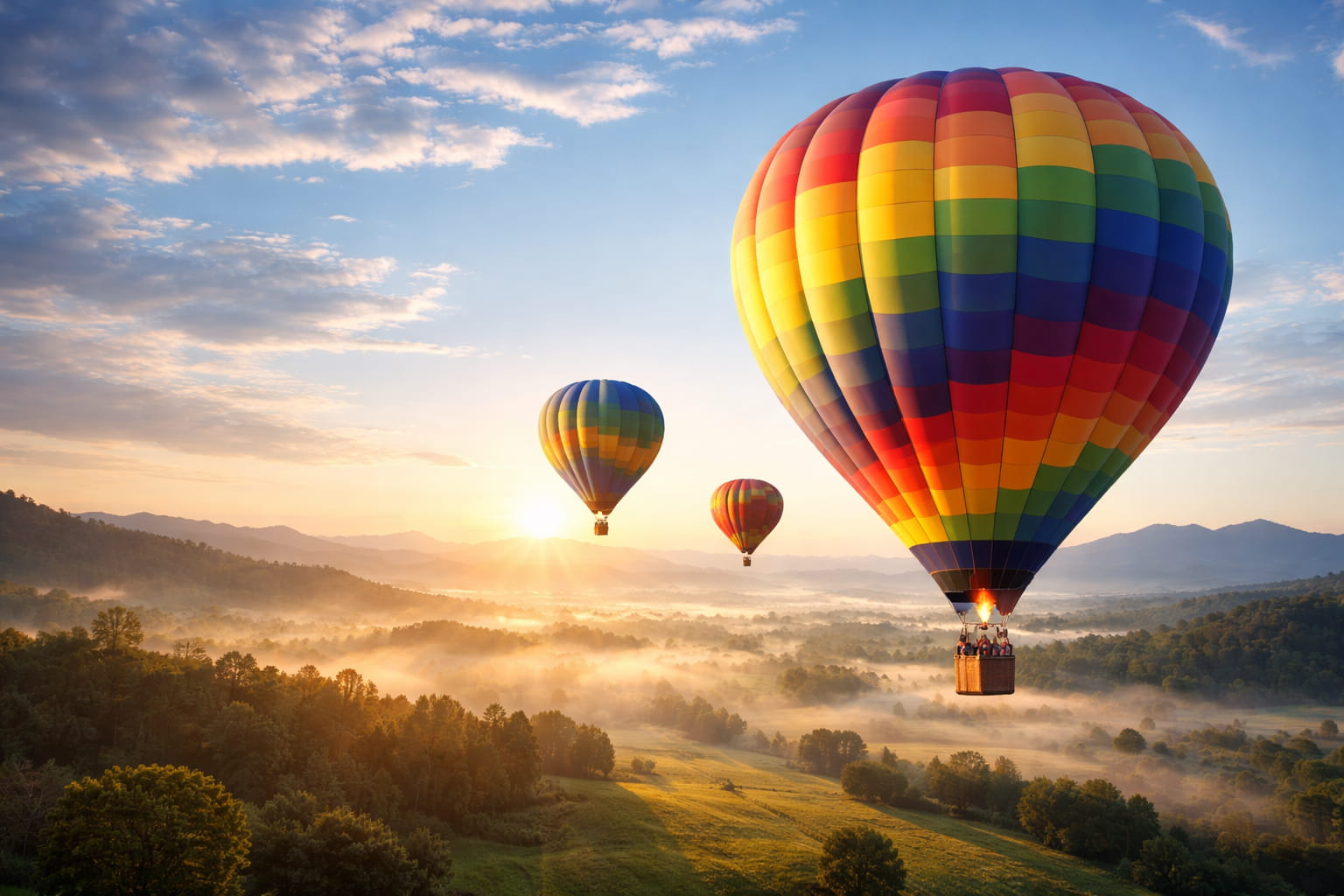 Colorful hot air balloons floating above misty valley in stable wind conditions