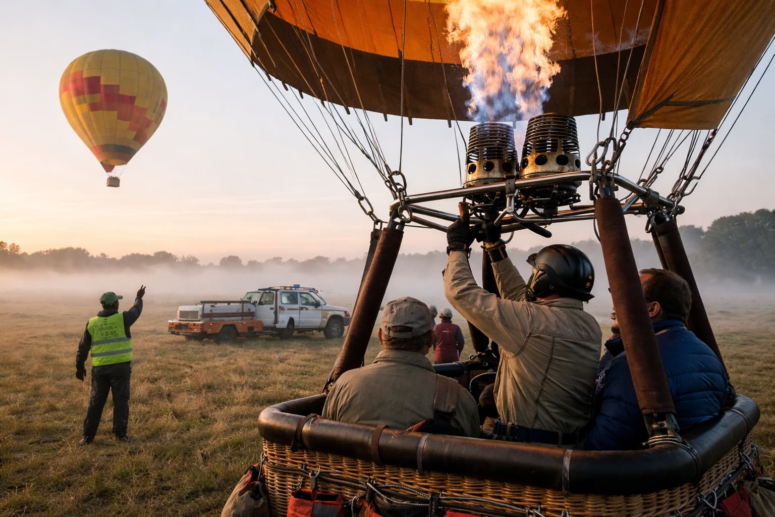 Colorful hot air balloons flying at high altitude over a scenic mountain landscape during sunrise.