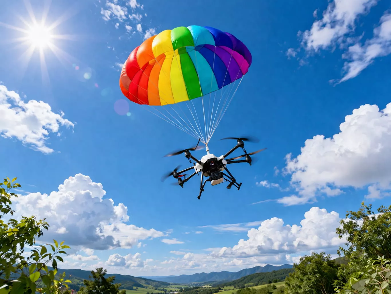 drone descending with rainbow parachute during recovery test flight