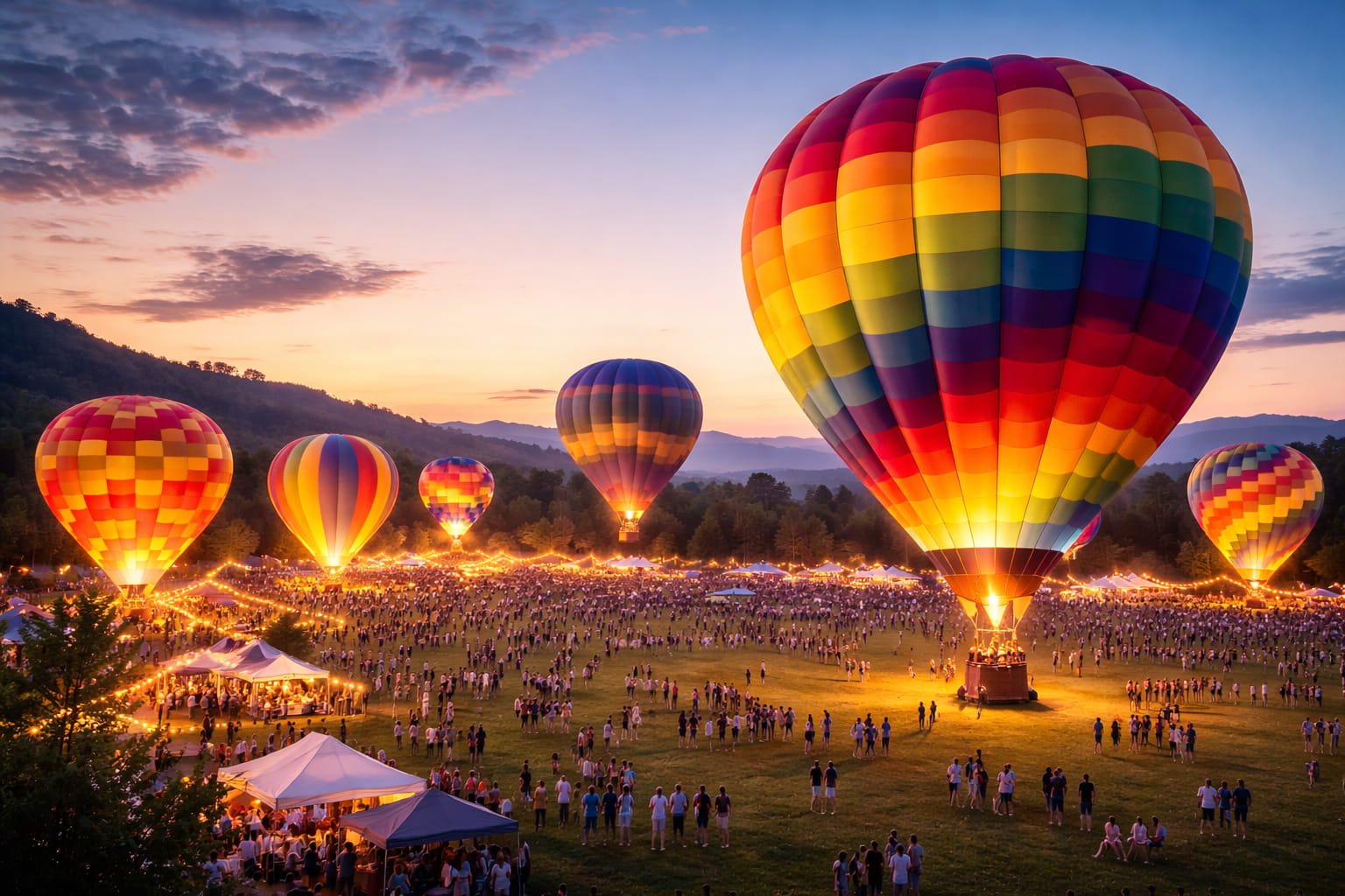 Hot air balloon festival scene with illuminated balloons and spectators