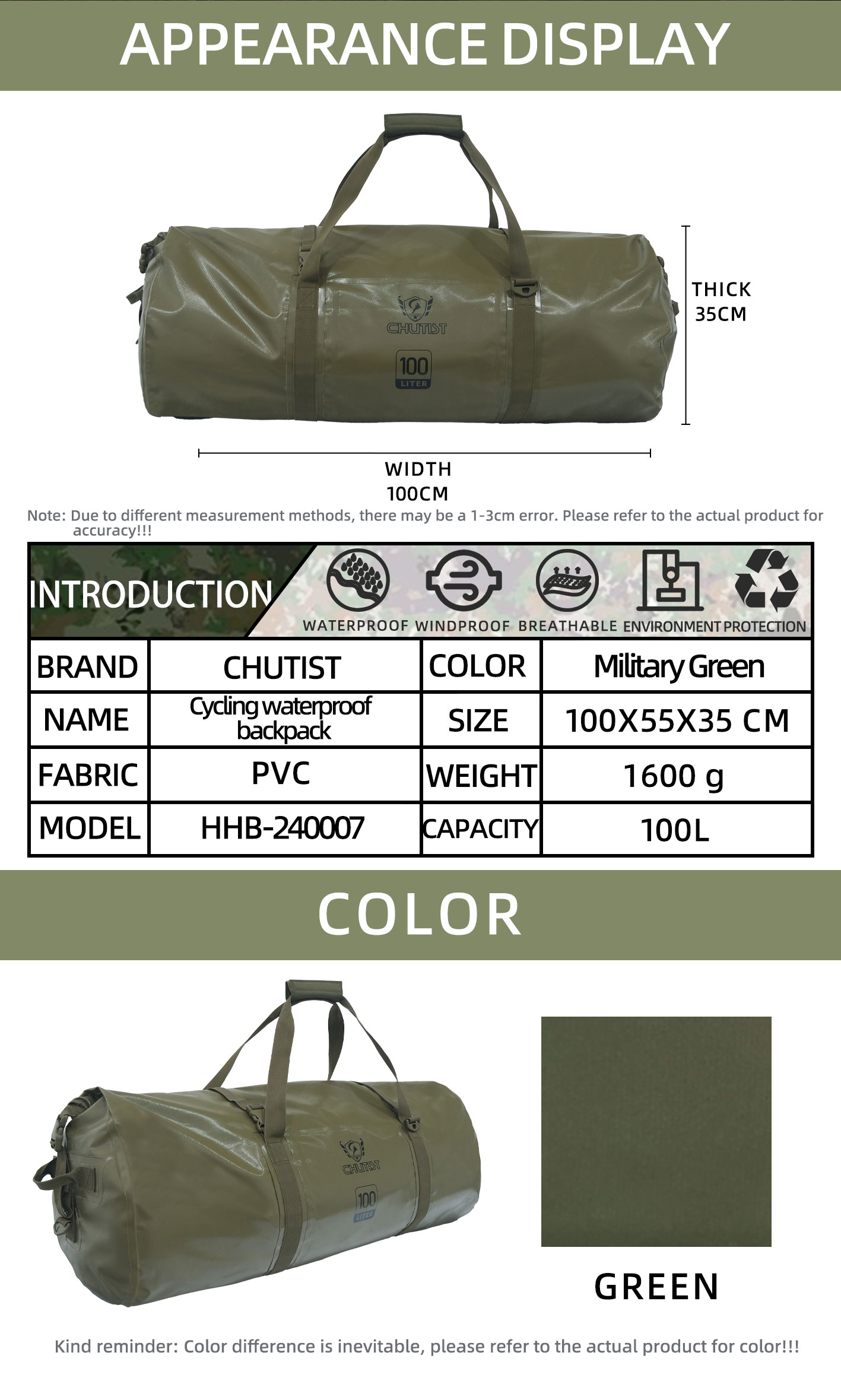 Chutist Aqua waterproof duffel bag for motorcycle touring, camping and outdoor travel. Heavy-duty waterproof storage for gear and equipment.