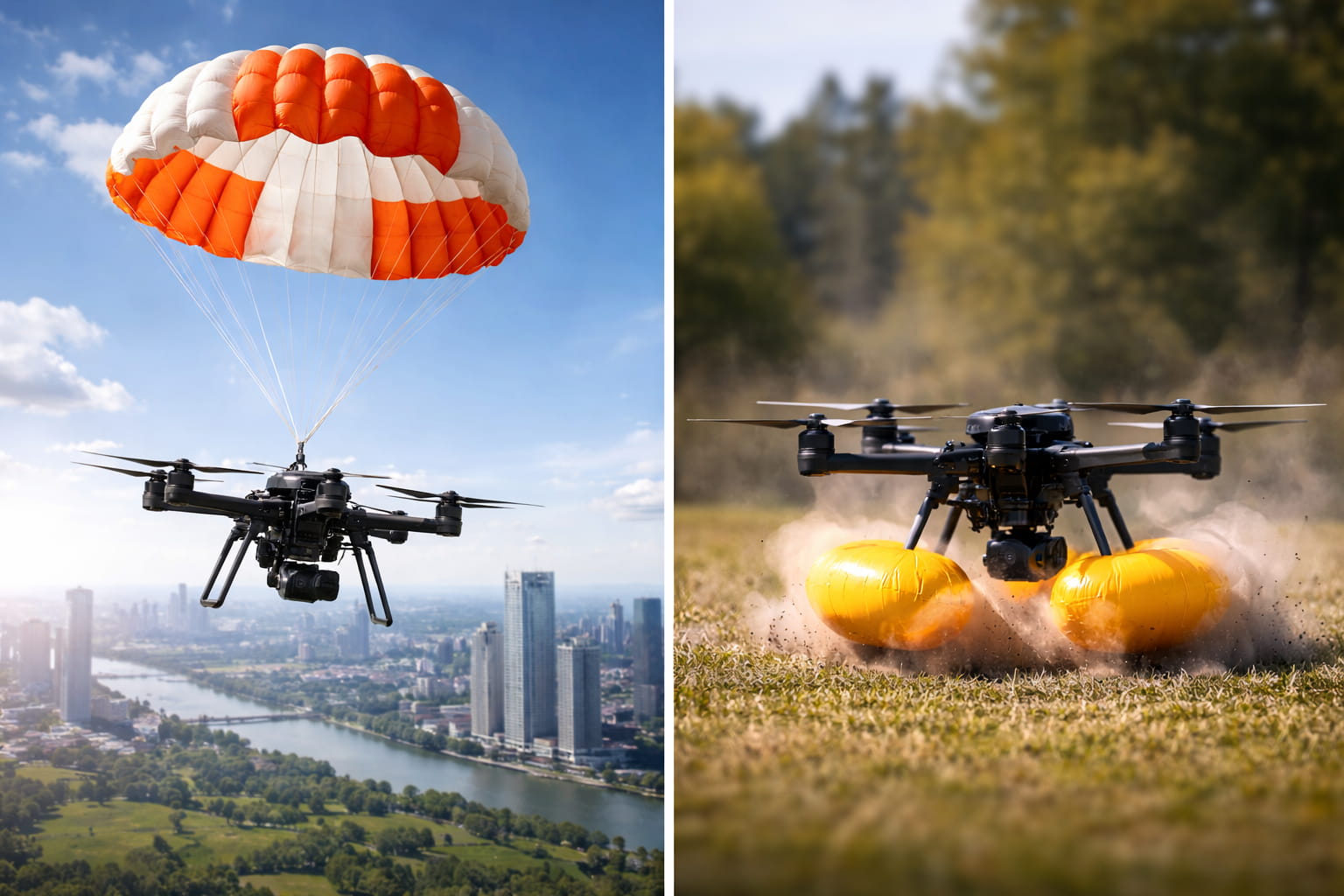 UAV landing with airbag system absorbing impact on ground