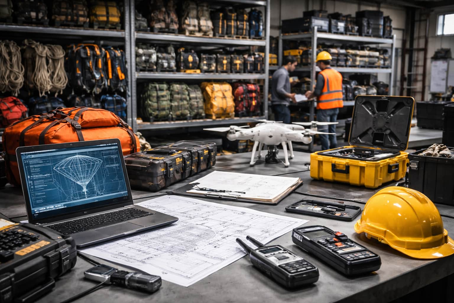 professional outdoor equipment procurement and inspection workspace with tools, drone systems, protective gear and organized warehouse background.jpg