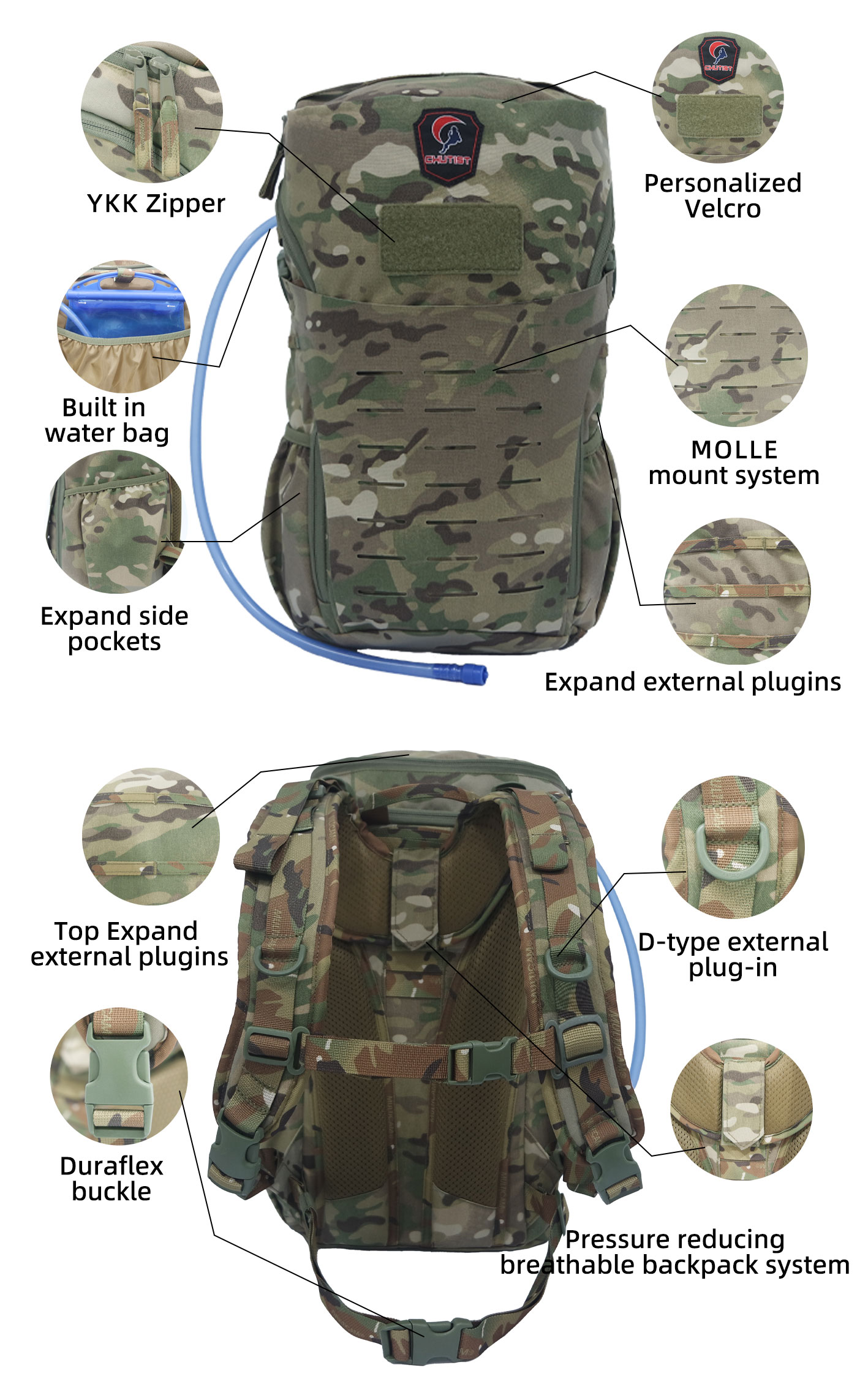 military tactical backpack, hydration backpack, molle hiking backpack, tactical backpack with water bladder