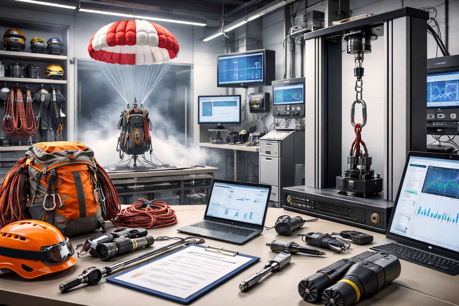 outdoor gear safety testing setup including backpack, ropes, and material strength analysis equipment