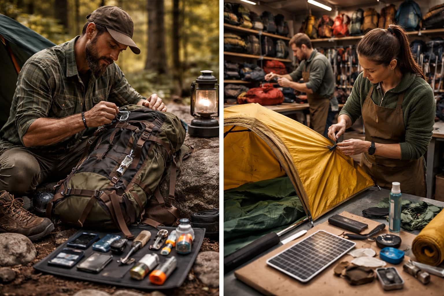Outdoor enthusiast repairing a rugged backpack at a forest campsite with tools and gear, highlighting field maintenance and durability.jpg