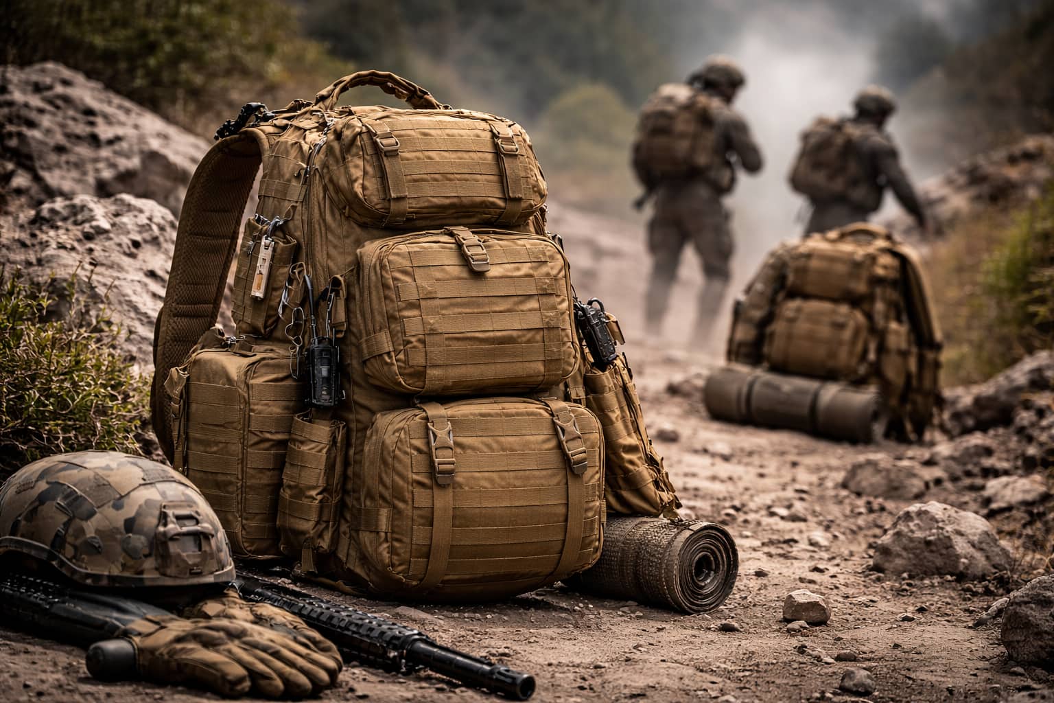 military style tactical pack loaded with equipment in harsh outdoor field environment.jpg