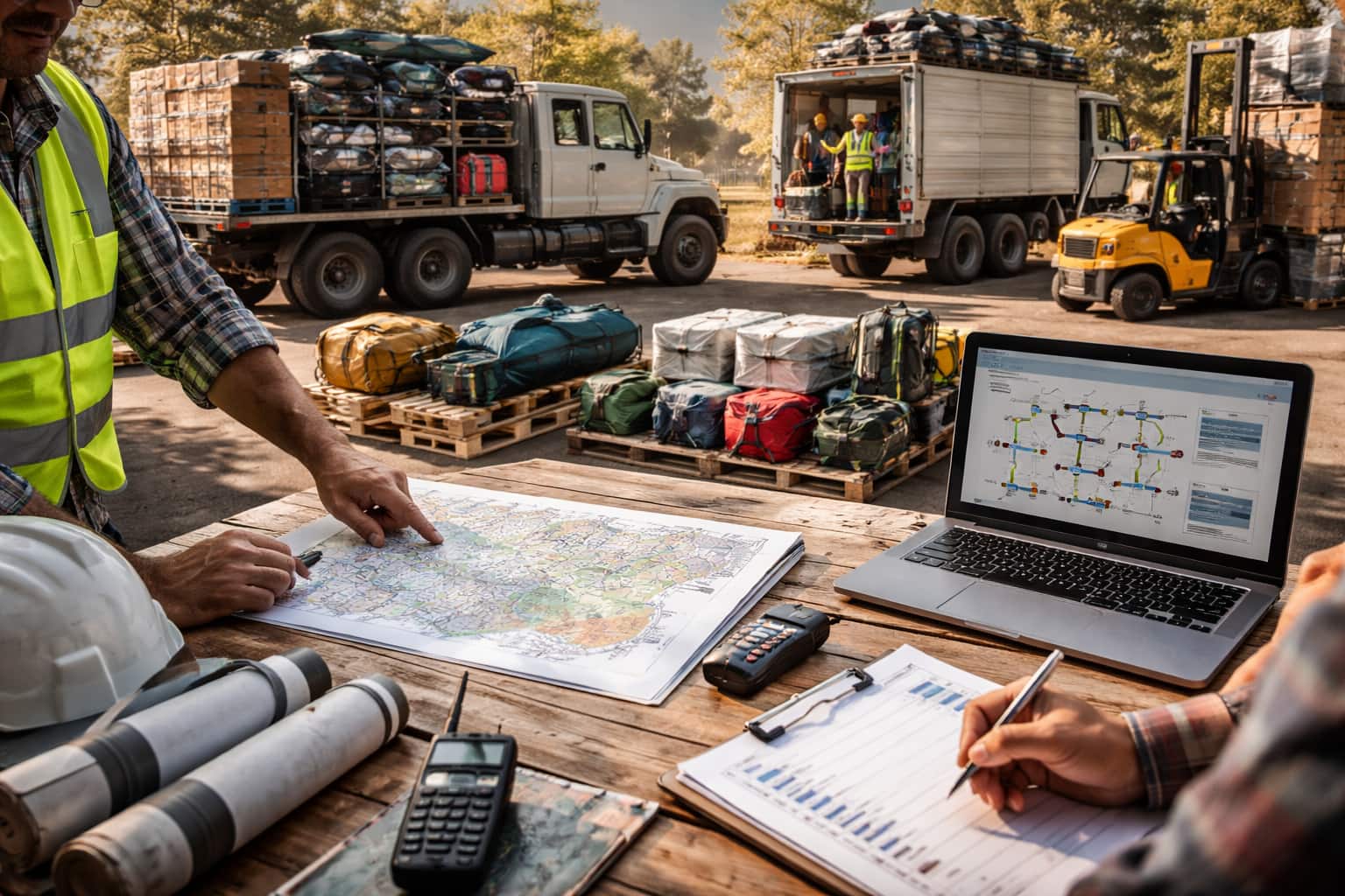 Outdoor logistics planning scene with workers organizing transport of camping equipment, including trucks, pallets, and route maps in a realistic distribution setting.jpg