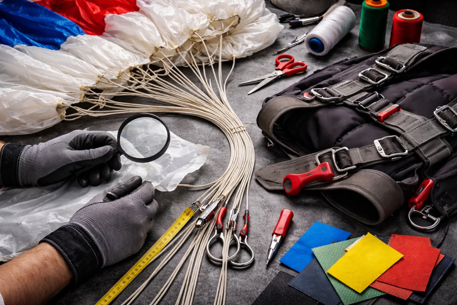 parachute maintenance inspection canopy lines harness repair tools