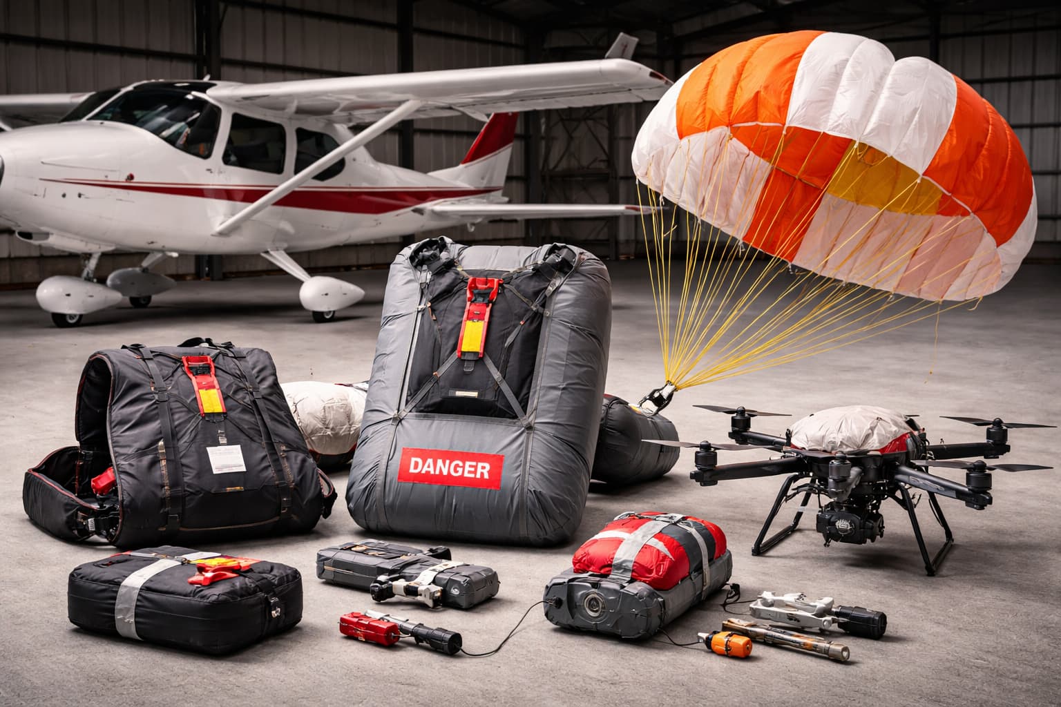 Emergency aviation parachute systems displayed in a hangar, including packed parachute units, deployed canopy, drone recovery system, and aircraft in the background