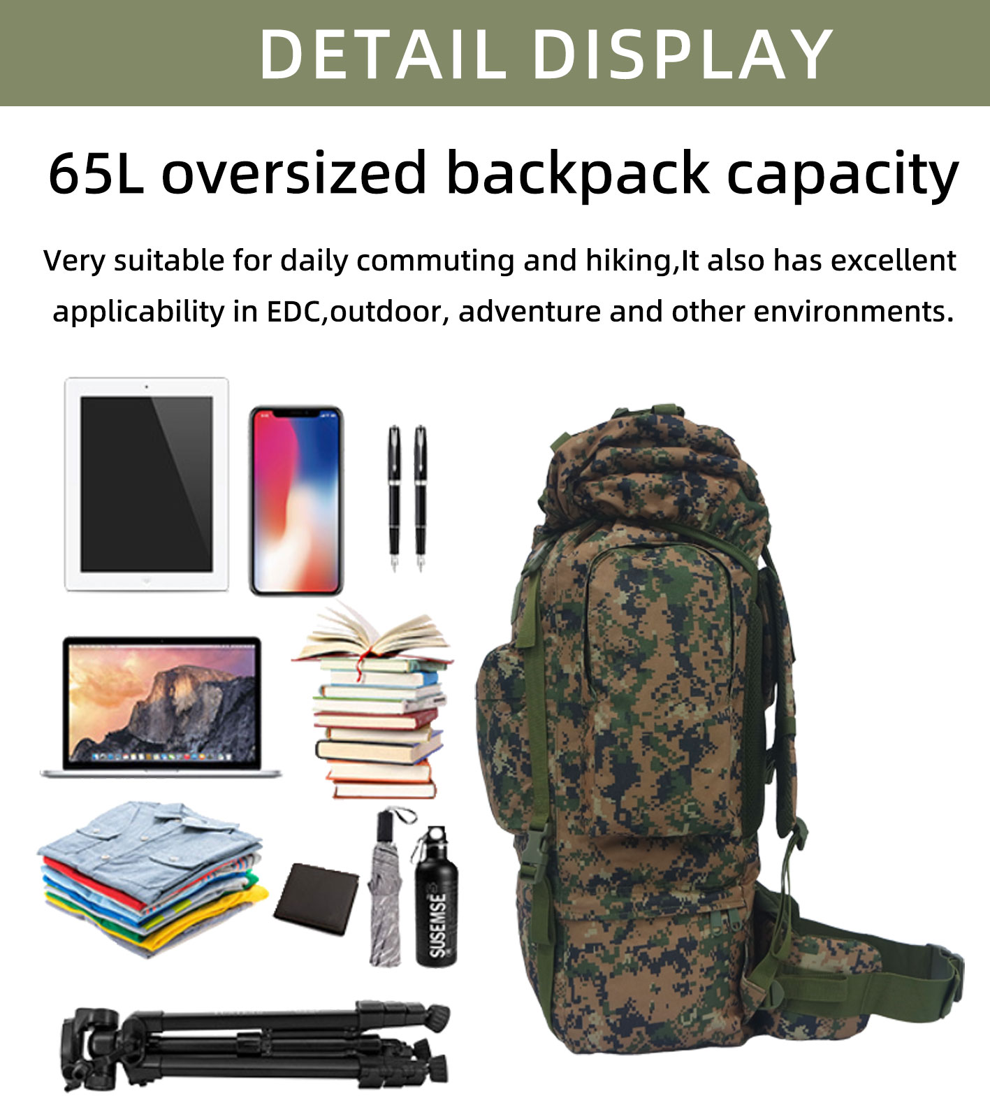 large capacity tactical backpack for camping hiking and outdoor adventure
