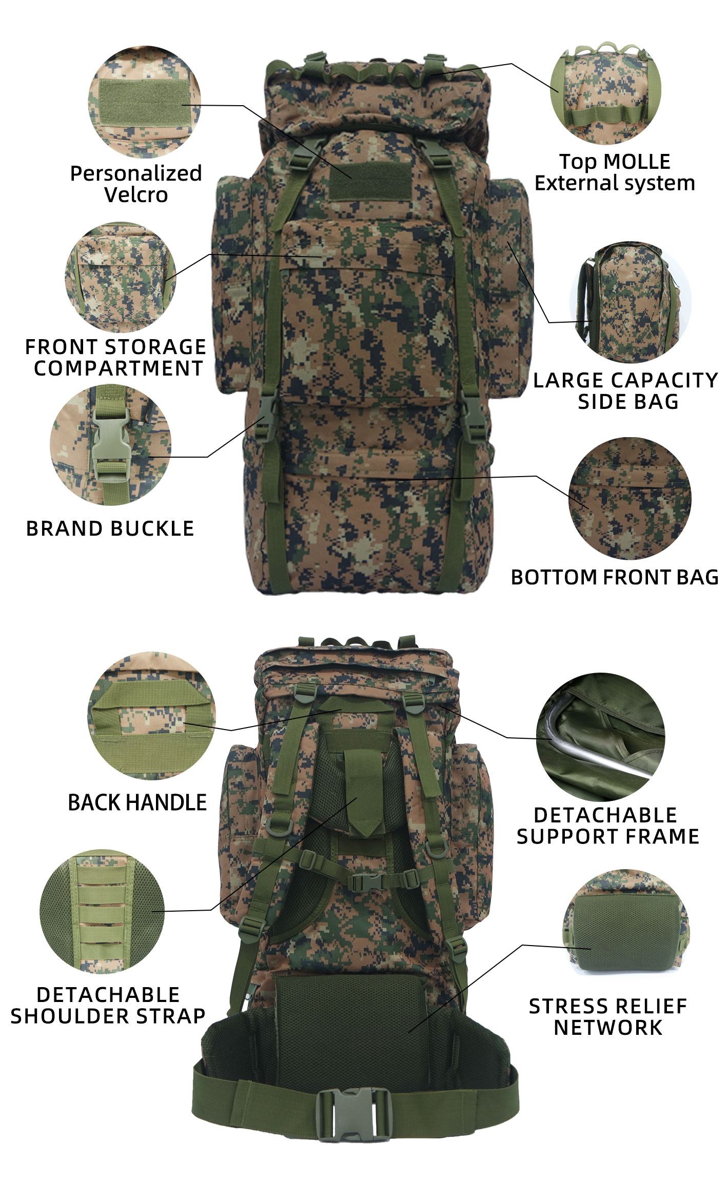 Chutist 65L military style tactical backpack nylon Oxford outdoor pack