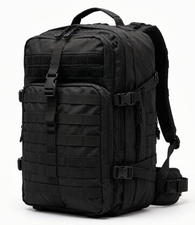 A 30-liter MOLLE military tactical backpack standing upright on a white background with generous margins, showing MOLLE webbing, chunky zippers, padded shoulder straps, sternum strap, waist belt, and side compression straps.