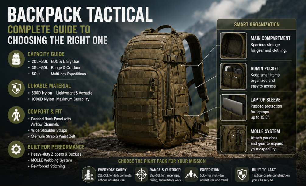 Backpack tactical guide featuring a military-style tactical backpack with capacity, MOLLE webbing, laptop compartment, and ergonomic carrying system