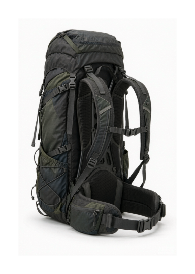 A hiking backpack with a supportive framed back system, padded hip belt, top lid, side water-bottle pockets and trekking-pole attachments, shown on a clean white background.