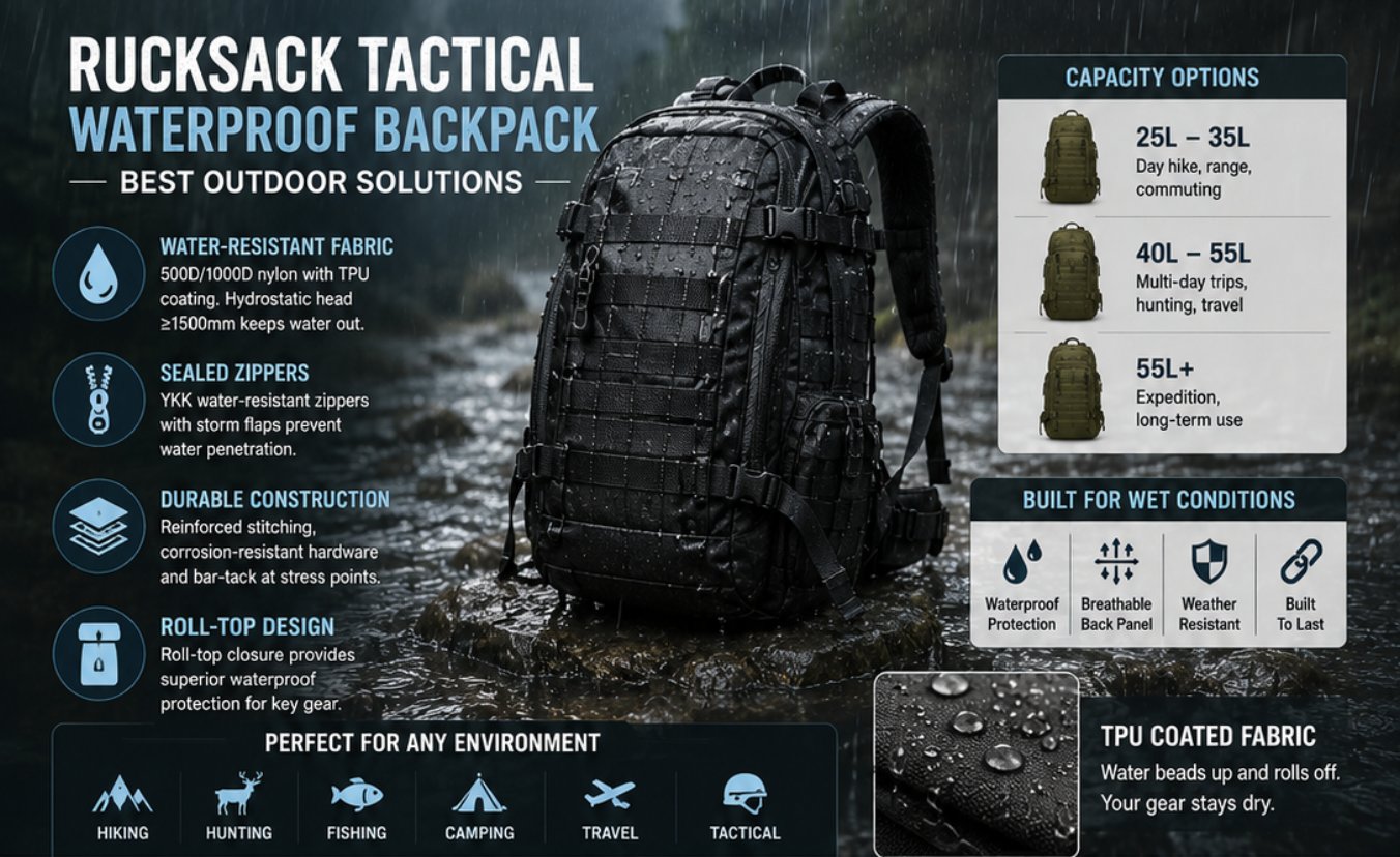 Military tactical backpack with 20L to 50L capacity, durable nylon fabric, padded back panel, and MOLLE attachment system