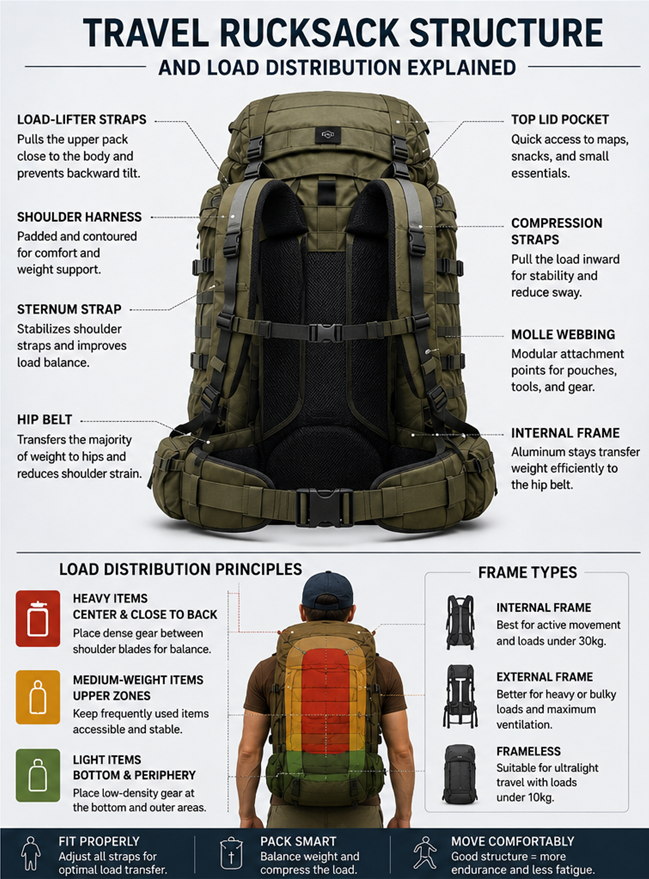 CHUTIST travel rucksack structure and load distribution system for comfortable long-distance carrying