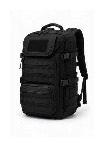 A black 26-liter tactical everyday carry backpack made of durable 600D nylon, featuring MOLLE webbing, multiple zippered compartments, padded shoulder straps, and a hook-and-loop patch panel on a clean white background.
