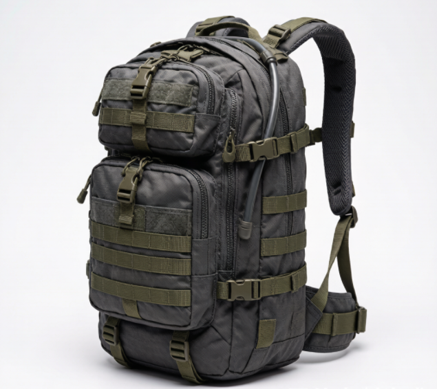 A heavy-duty tactical gear backpack standing upright with MOLLE pouches attached, hydration tube routed over the shoulder strap, compression straps cinched, wide padded shoulder straps and hip belt visible on a white background.