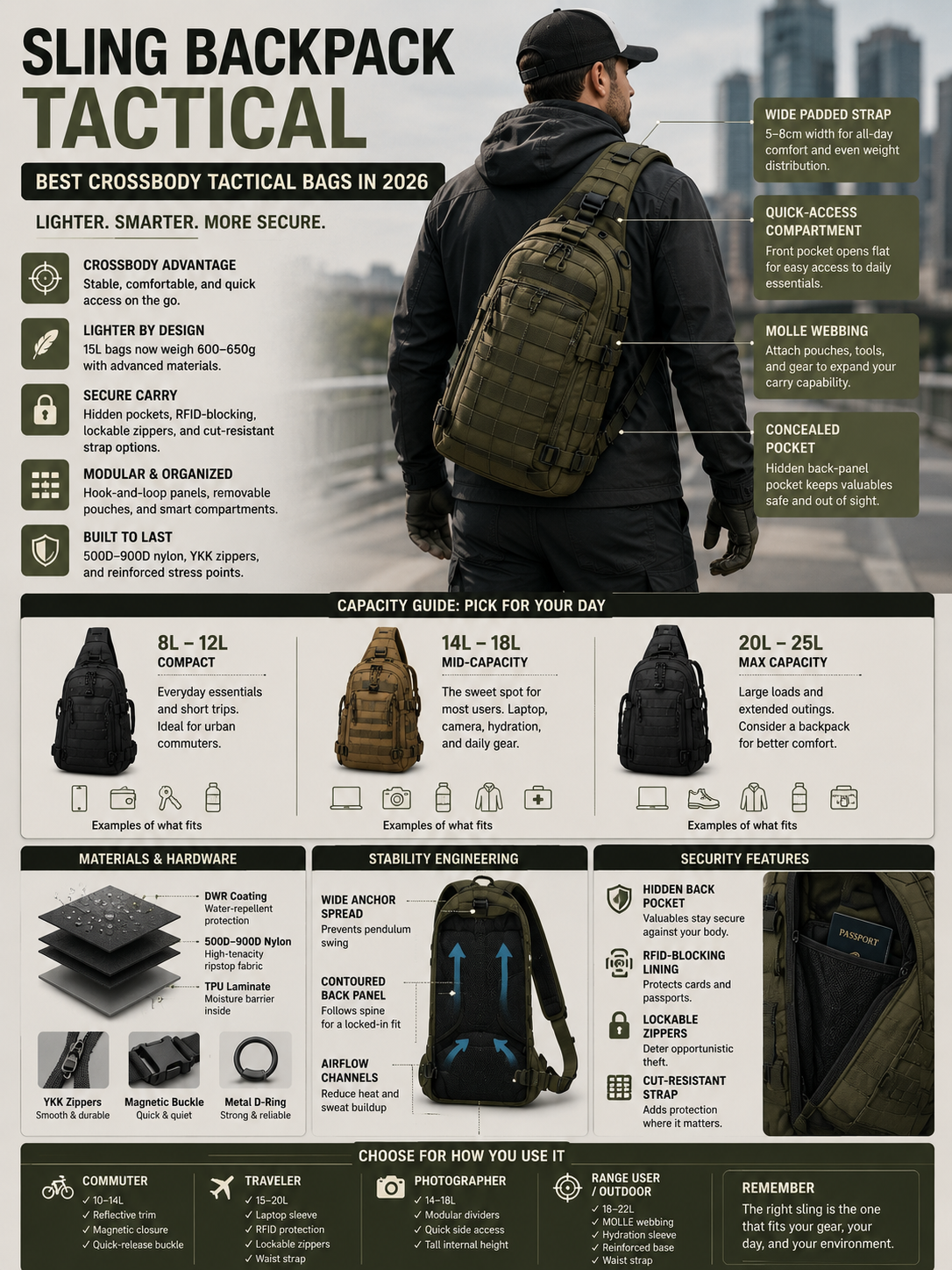 CHUTIST crossbody tactical sling backpack with RFID protection and travel friendly organization