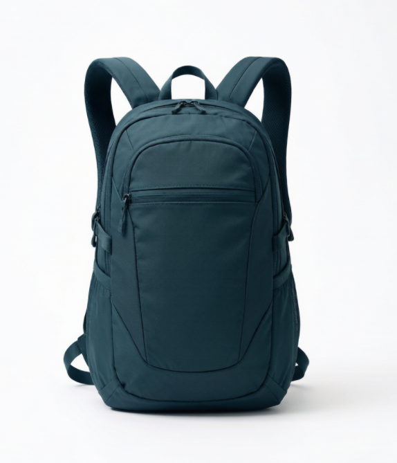 Women's travel backpack in deep teal with contoured back panel and padded shoulder straps, front zip pocket and side compression, shown on a clean white background with generous margins