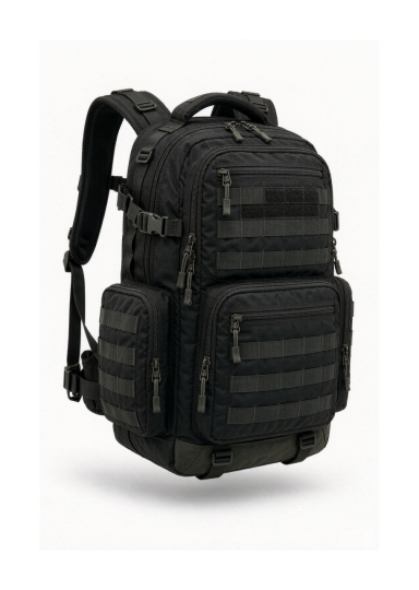 A rugged tactical backpack in water-resistant nylon with MOLLE webbing panels, multiple zippered compartments, padded shoulder straps and a hook-and-loop patch panel, shown on a clean white background.