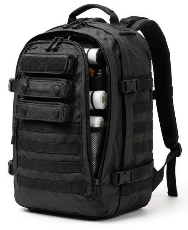A tactical medical backpack standing upright on a white background with MOLLE webbing, chunky zippers, side pockets, and an open clamshell compartment showing organized first aid pouches and trauma supplies.
