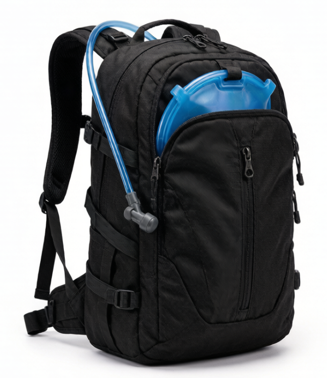 A compact tactical water backpack standing upright on a white background with large empty margins, featuring a drinking tube, sternum strap, slim waist belt, side compression straps, and minimal MOLLE webbing.
