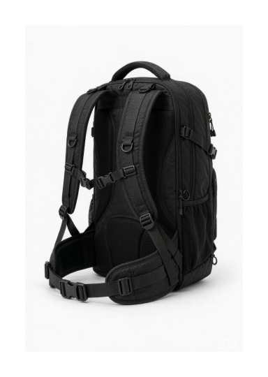 A men's travel backpack with wider padded shoulder straps and hip belt, large capacity, multiple compartments and a top handle, shown on a clean white background.