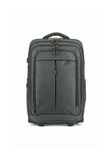 A compact carry-on travel backpack with a clamshell suitcase-style opening, luggage pass-through panel and water-resistant fabric, shown on a clean white background.